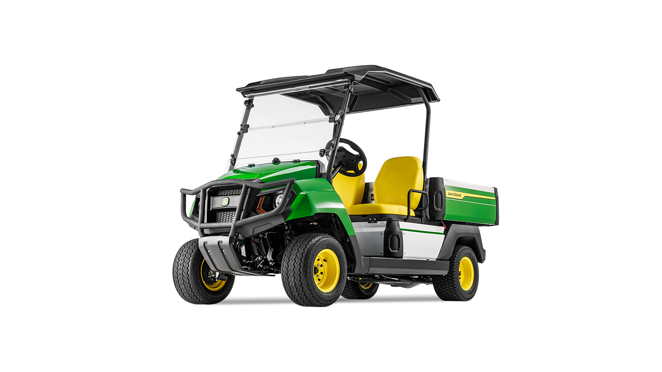 Sağlam tamponlu ve geniş kargo bölmesi olan bir John Deere Gator GS benzinli hizmet aracının önden üç çeyreğinin görünümü.