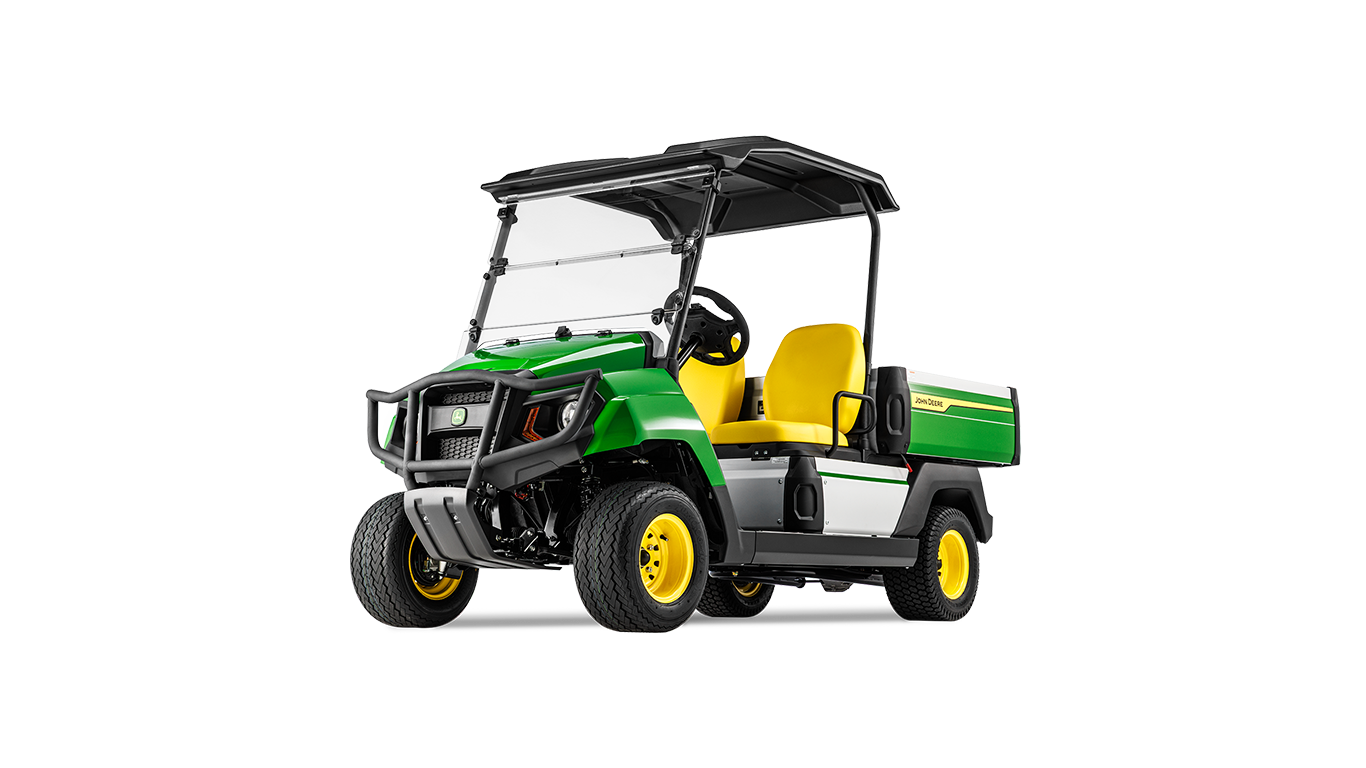 Izgarayı, farları ve sarı koltukların vurgulandığı John Deere Gator GS elektrikli modelinin önden açılı görünümü.