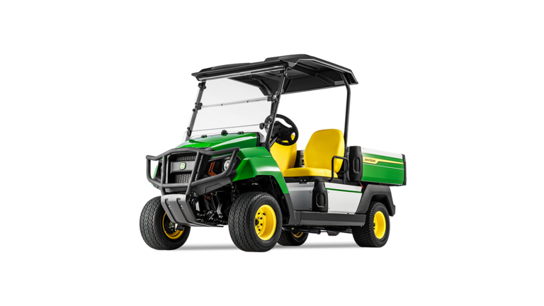 Izgarayı, farları ve sarı koltukların vurgulandığı John Deere Gator GS elektrikli modelinin önden açılı görünümü.