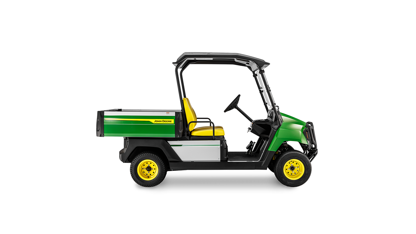 Yeşil gövde, sarı tekerlekler ve açık kabin tasarımına sahip bir John Deere Gator GS benzinli hizmet aracının yandan profili.
